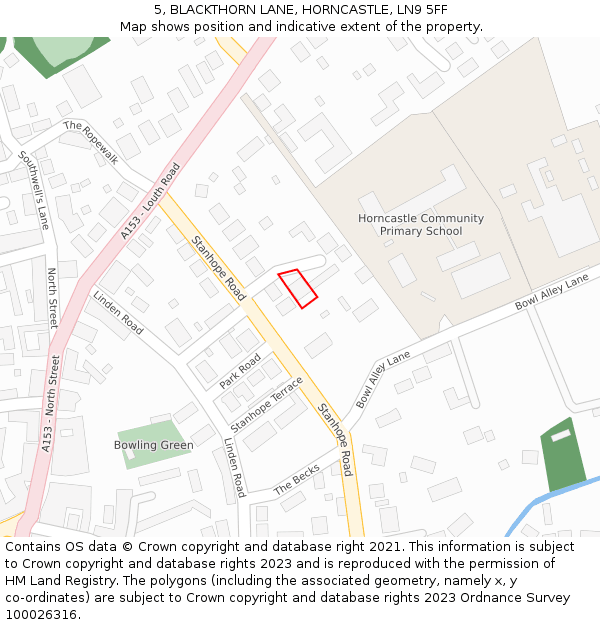 5, BLACKTHORN LANE, HORNCASTLE, LN9 5FF: Location map and indicative extent of plot