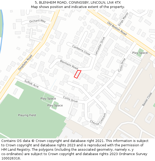 5, BLENHEIM ROAD, CONINGSBY, LINCOLN, LN4 4TX: Location map and indicative extent of plot