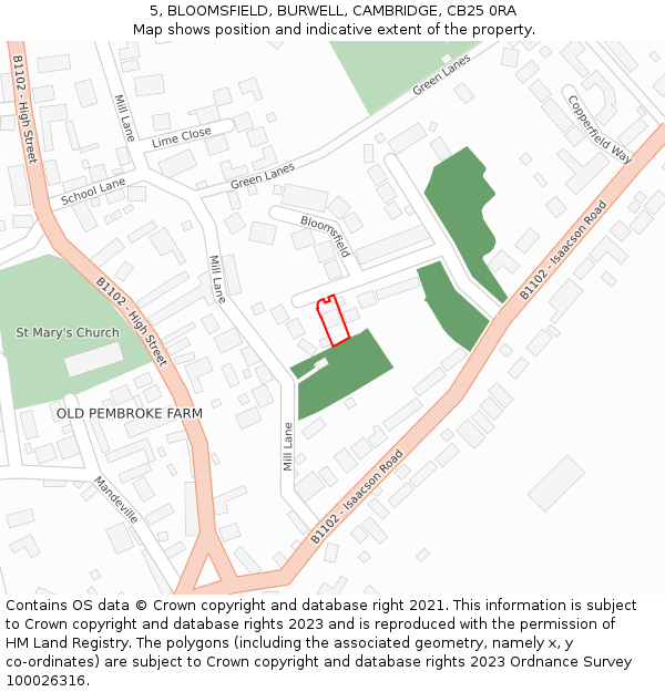 5, BLOOMSFIELD, BURWELL, CAMBRIDGE, CB25 0RA: Location map and indicative extent of plot