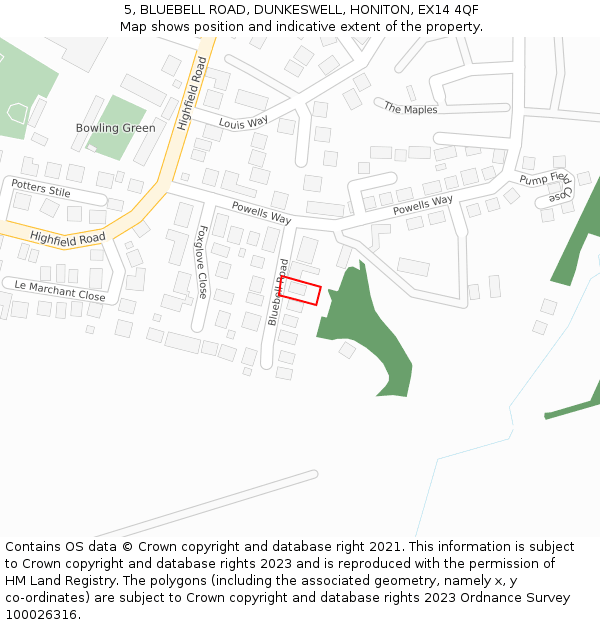 5, BLUEBELL ROAD, DUNKESWELL, HONITON, EX14 4QF: Location map and indicative extent of plot