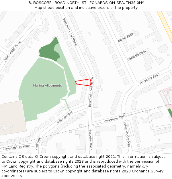 5, BOSCOBEL ROAD NORTH, ST LEONARDS-ON-SEA, TN38 0NY: Location map and indicative extent of plot