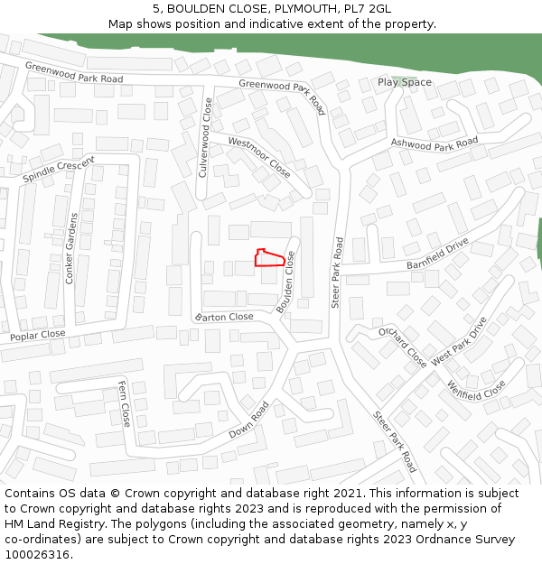 5, BOULDEN CLOSE, PLYMOUTH, PL7 2GL: Location map and indicative extent of plot