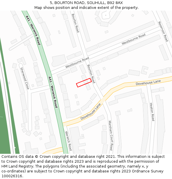 5, BOURTON ROAD, SOLIHULL, B92 8AX: Location map and indicative extent of plot