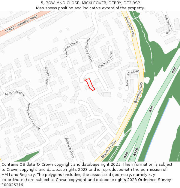 5, BOWLAND CLOSE, MICKLEOVER, DERBY, DE3 9SP: Location map and indicative extent of plot