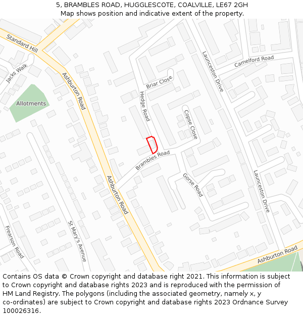 5, BRAMBLES ROAD, HUGGLESCOTE, COALVILLE, LE67 2GH: Location map and indicative extent of plot