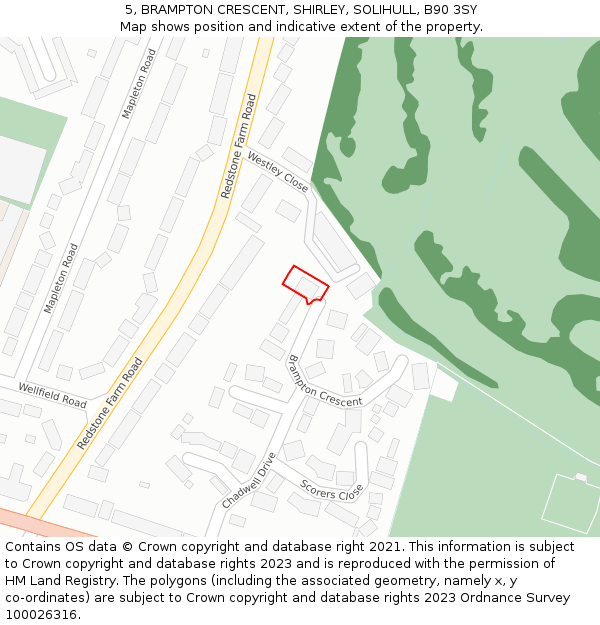 5, BRAMPTON CRESCENT, SHIRLEY, SOLIHULL, B90 3SY: Location map and indicative extent of plot