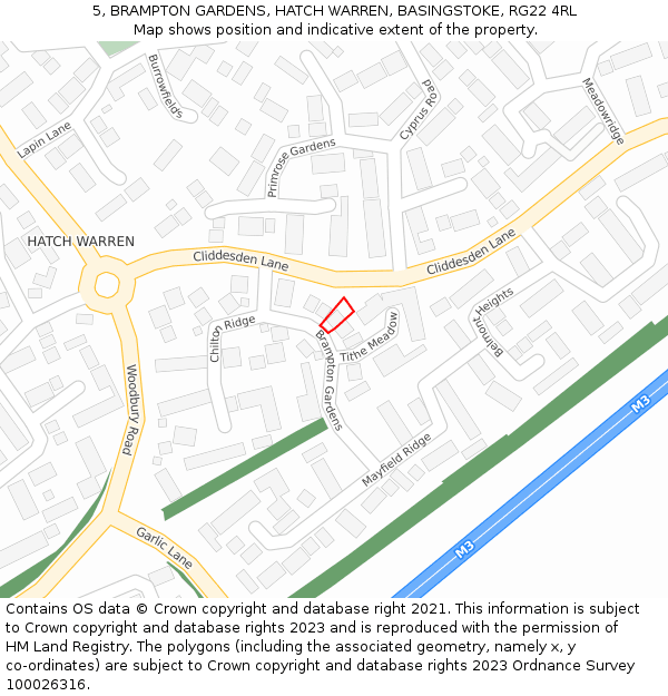 5, BRAMPTON GARDENS, HATCH WARREN, BASINGSTOKE, RG22 4RL: Location map and indicative extent of plot