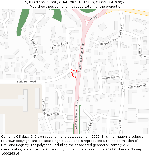 5, BRANDON CLOSE, CHAFFORD HUNDRED, GRAYS, RM16 6QX: Location map and indicative extent of plot