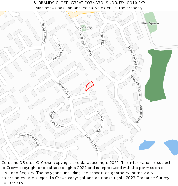5, BRANDS CLOSE, GREAT CORNARD, SUDBURY, CO10 0YP: Location map and indicative extent of plot