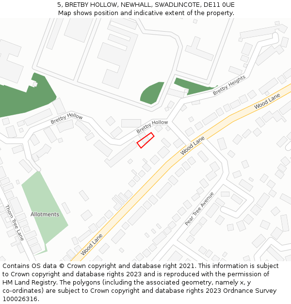 5, BRETBY HOLLOW, NEWHALL, SWADLINCOTE, DE11 0UE: Location map and indicative extent of plot