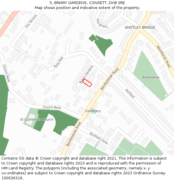 5, BRIARY GARDENS, CONSETT, DH8 0RE: Location map and indicative extent of plot