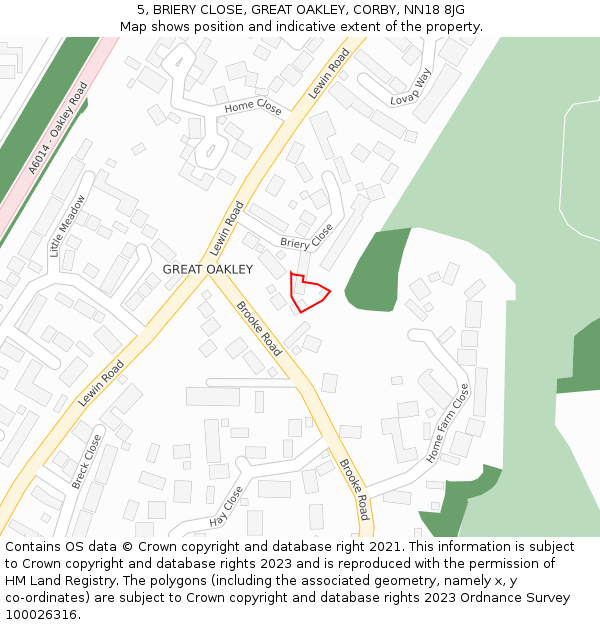 5, BRIERY CLOSE, GREAT OAKLEY, CORBY, NN18 8JG: Location map and indicative extent of plot