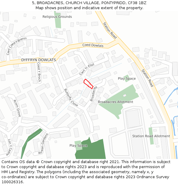 5, BROADACRES, CHURCH VILLAGE, PONTYPRIDD, CF38 1BZ: Location map and indicative extent of plot