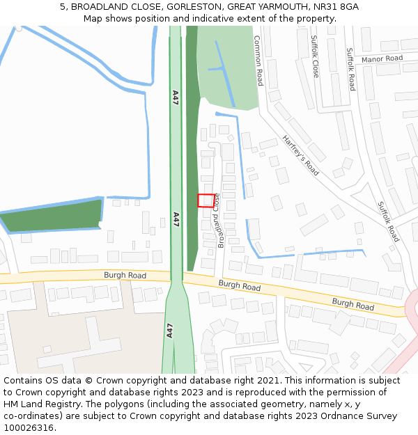 5, BROADLAND CLOSE, GORLESTON, GREAT YARMOUTH, NR31 8GA: Location map and indicative extent of plot