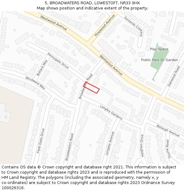 5, BROADWATERS ROAD, LOWESTOFT, NR33 9HX: Location map and indicative extent of plot