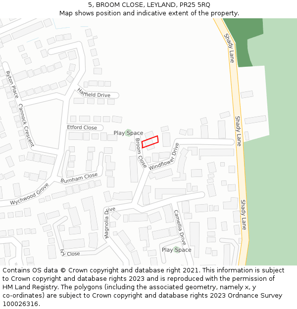 5, BROOM CLOSE, LEYLAND, PR25 5RQ: Location map and indicative extent of plot