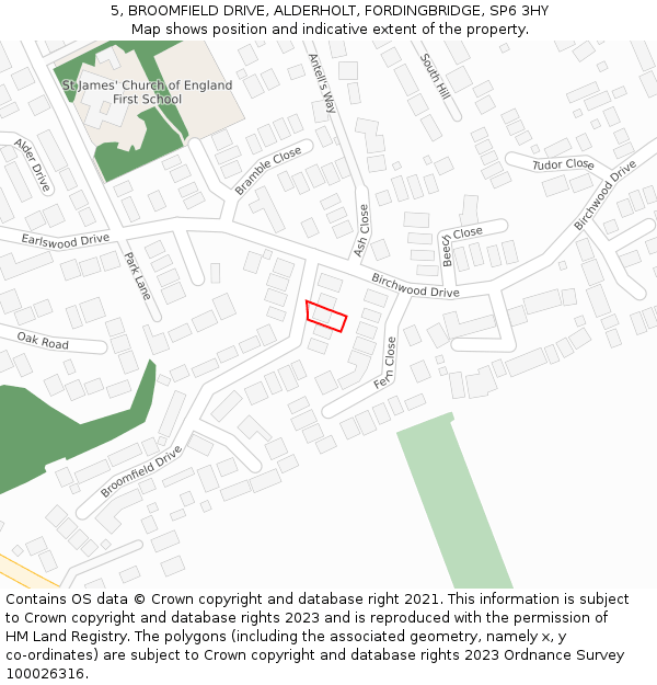 5, BROOMFIELD DRIVE, ALDERHOLT, FORDINGBRIDGE, SP6 3HY: Location map and indicative extent of plot