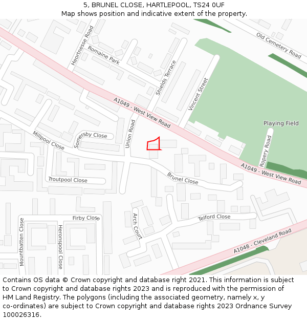 5, BRUNEL CLOSE, HARTLEPOOL, TS24 0UF: Location map and indicative extent of plot