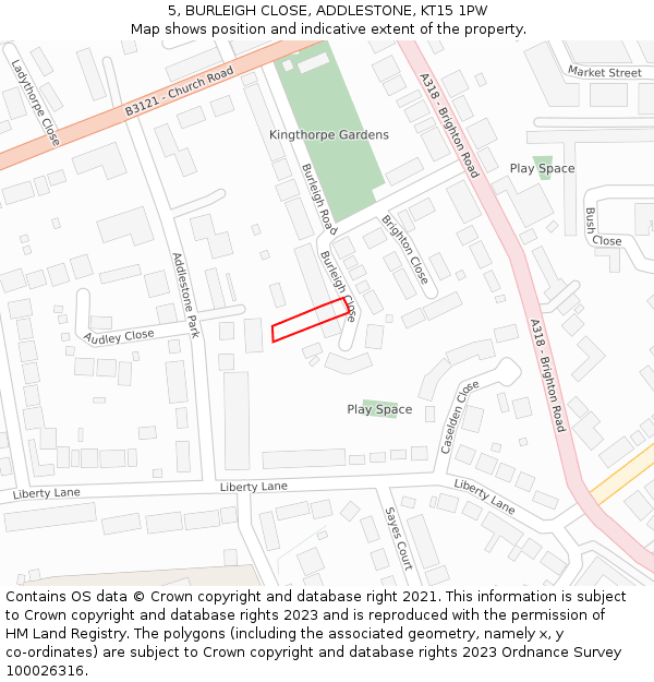 5, BURLEIGH CLOSE, ADDLESTONE, KT15 1PW: Location map and indicative extent of plot