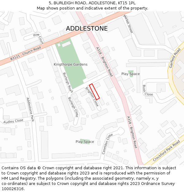 5, BURLEIGH ROAD, ADDLESTONE, KT15 1PL: Location map and indicative extent of plot