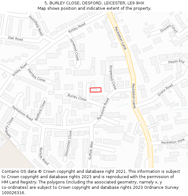 5, BURLEY CLOSE, DESFORD, LEICESTER, LE9 9HX: Location map and indicative extent of plot