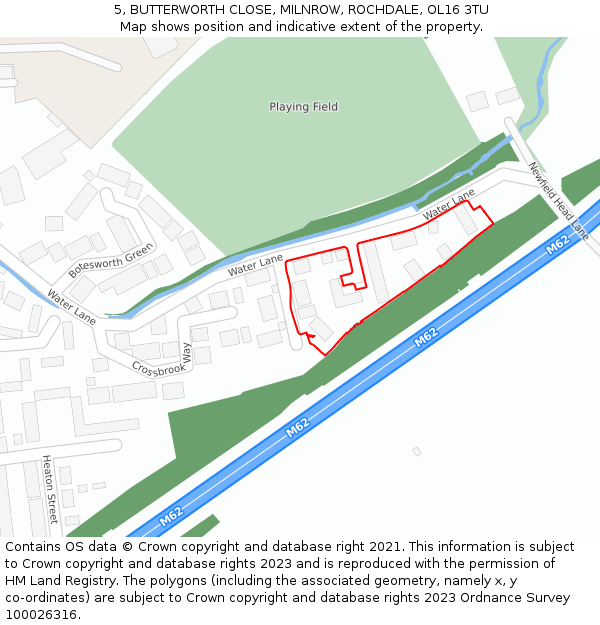 5, BUTTERWORTH CLOSE, MILNROW, ROCHDALE, OL16 3TU: Location map and indicative extent of plot