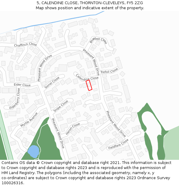 5, CALENDINE CLOSE, THORNTON-CLEVELEYS, FY5 2ZG: Location map and indicative extent of plot