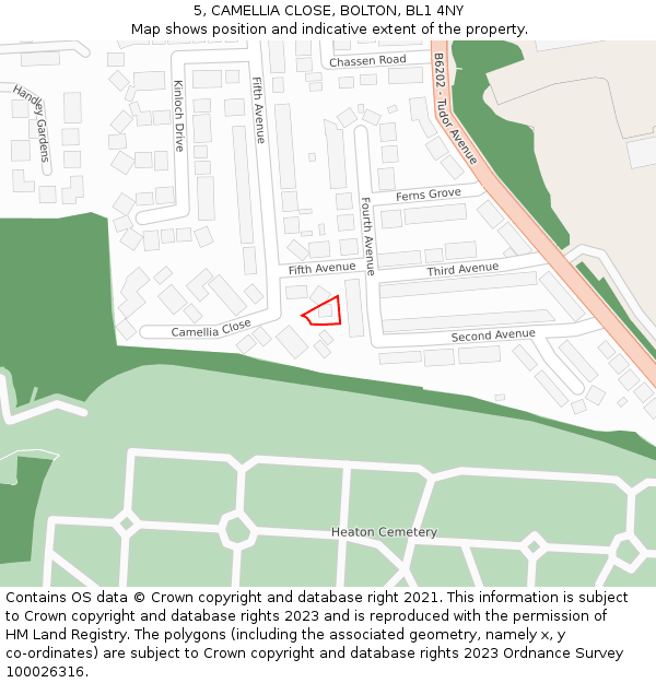5, CAMELLIA CLOSE, BOLTON, BL1 4NY: Location map and indicative extent of plot