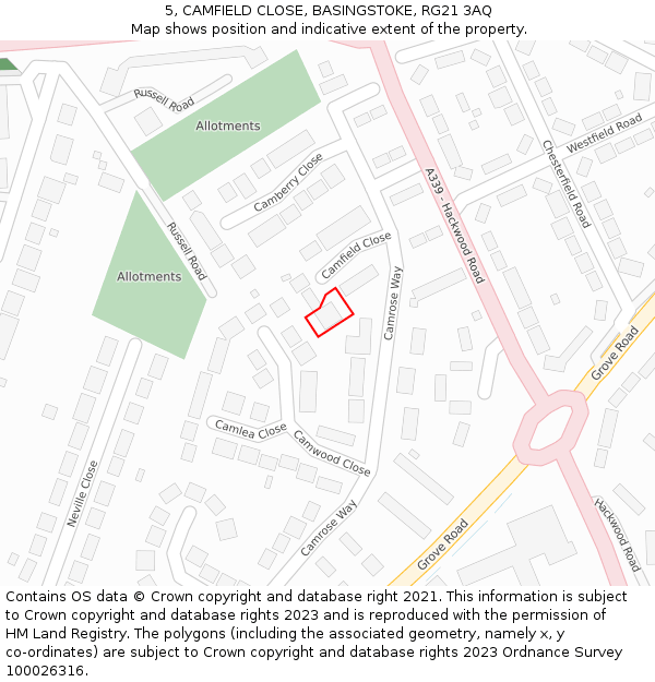 5, CAMFIELD CLOSE, BASINGSTOKE, RG21 3AQ: Location map and indicative extent of plot