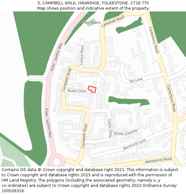5, CAMPBELL WALK, HAWKINGE, FOLKESTONE, CT18 7TX: Location map and indicative extent of plot
