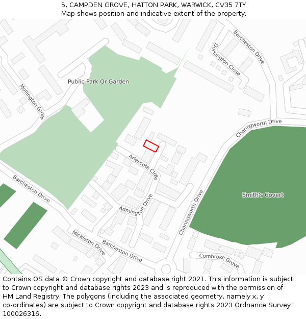 5, CAMPDEN GROVE, HATTON PARK, WARWICK, CV35 7TY: Location map and indicative extent of plot