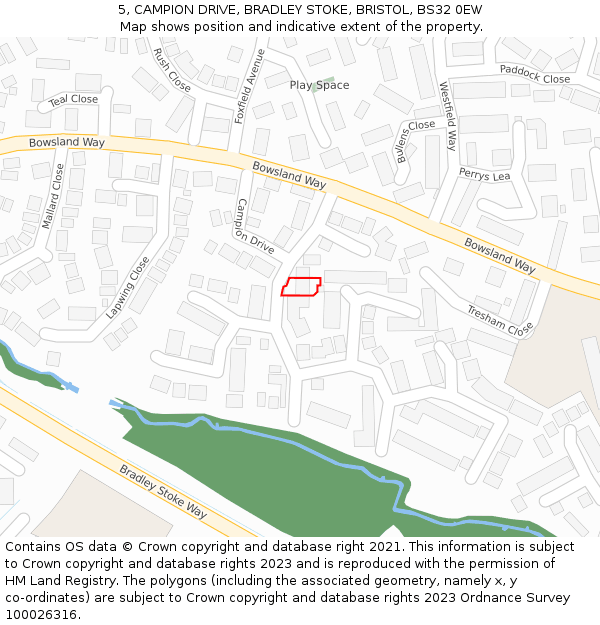 5, CAMPION DRIVE, BRADLEY STOKE, BRISTOL, BS32 0EW: Location map and indicative extent of plot