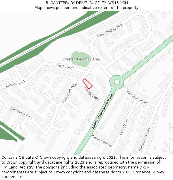 5, CANTERBURY DRIVE, RUGELEY, WS15 1GH: Location map and indicative extent of plot