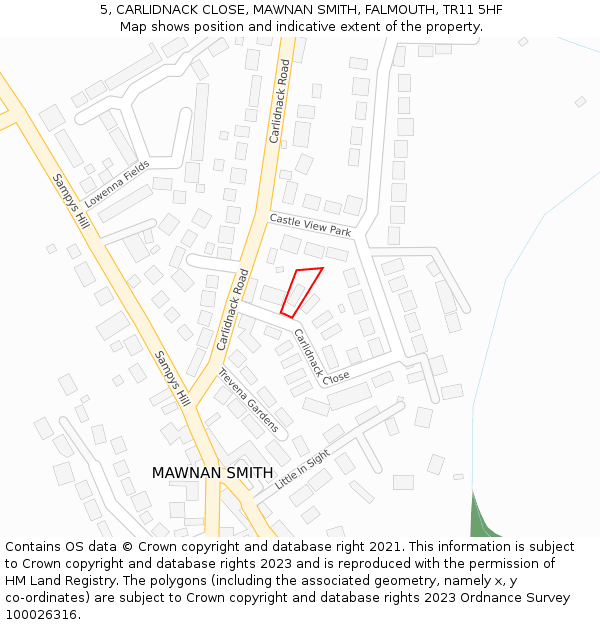 5, CARLIDNACK CLOSE, MAWNAN SMITH, FALMOUTH, TR11 5HF: Location map and indicative extent of plot