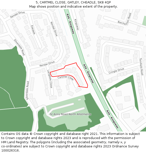 5, CARTMEL CLOSE, GATLEY, CHEADLE, SK8 4QP: Location map and indicative extent of plot
