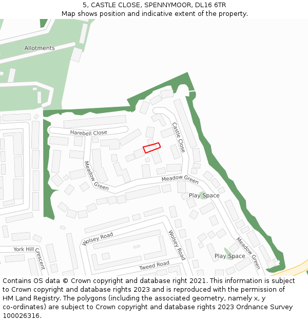 5, CASTLE CLOSE, SPENNYMOOR, DL16 6TR: Location map and indicative extent of plot
