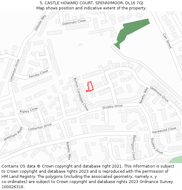 5, CASTLE HOWARD COURT, SPENNYMOOR, DL16 7GJ: Location map and indicative extent of plot