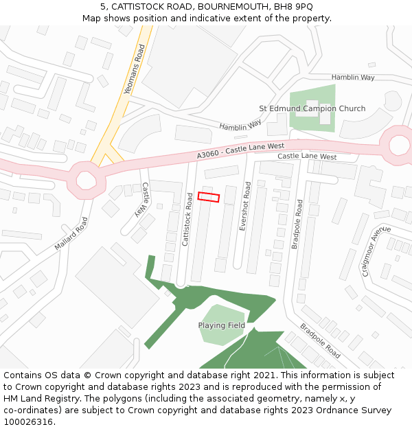 5, CATTISTOCK ROAD, BOURNEMOUTH, BH8 9PQ: Location map and indicative extent of plot