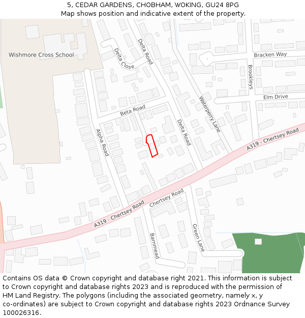 5, CEDAR GARDENS, CHOBHAM, WOKING, GU24 8PG: Location map and indicative extent of plot