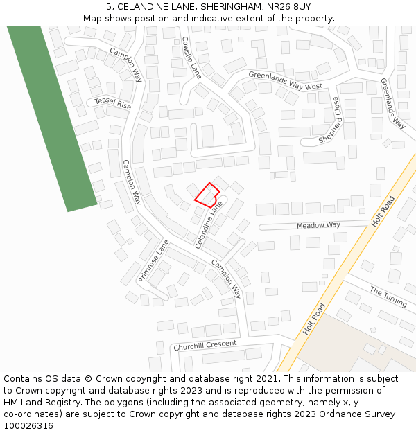 5, CELANDINE LANE, SHERINGHAM, NR26 8UY: Location map and indicative extent of plot