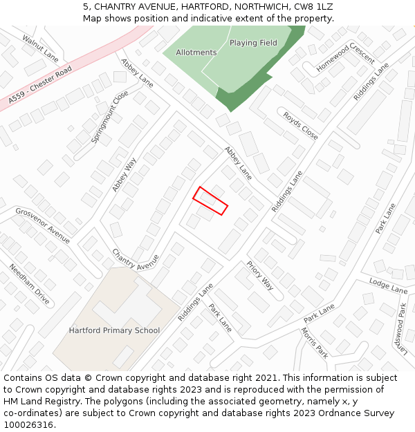 5, CHANTRY AVENUE, HARTFORD, NORTHWICH, CW8 1LZ: Location map and indicative extent of plot