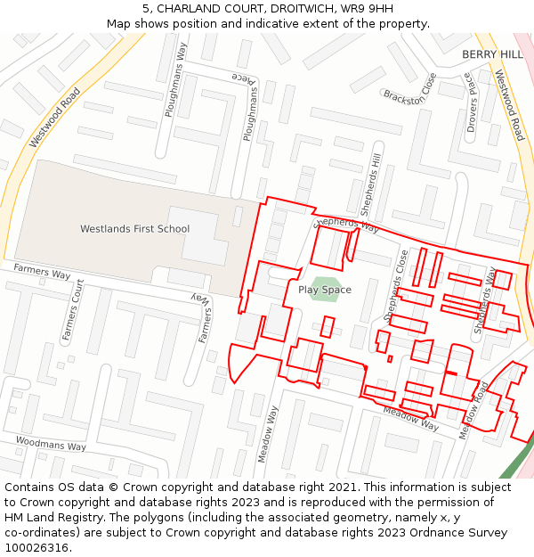 5, CHARLAND COURT, DROITWICH, WR9 9HH: Location map and indicative extent of plot