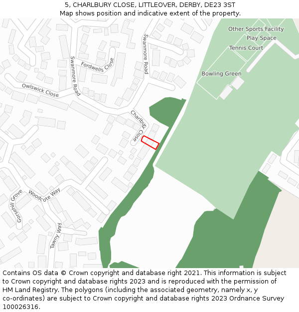5, CHARLBURY CLOSE, LITTLEOVER, DERBY, DE23 3ST: Location map and indicative extent of plot
