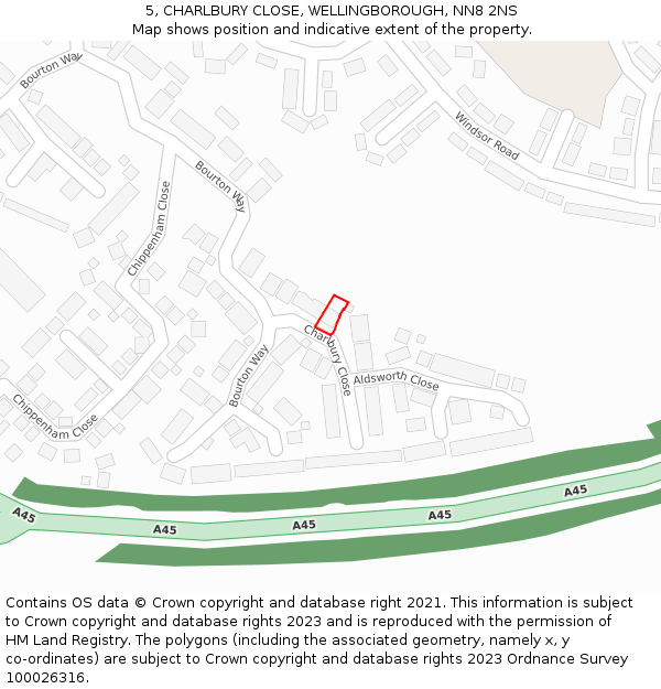 5, CHARLBURY CLOSE, WELLINGBOROUGH, NN8 2NS: Location map and indicative extent of plot