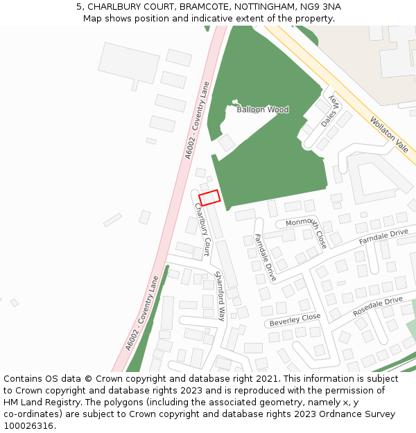 5, CHARLBURY COURT, BRAMCOTE, NOTTINGHAM, NG9 3NA: Location map and indicative extent of plot