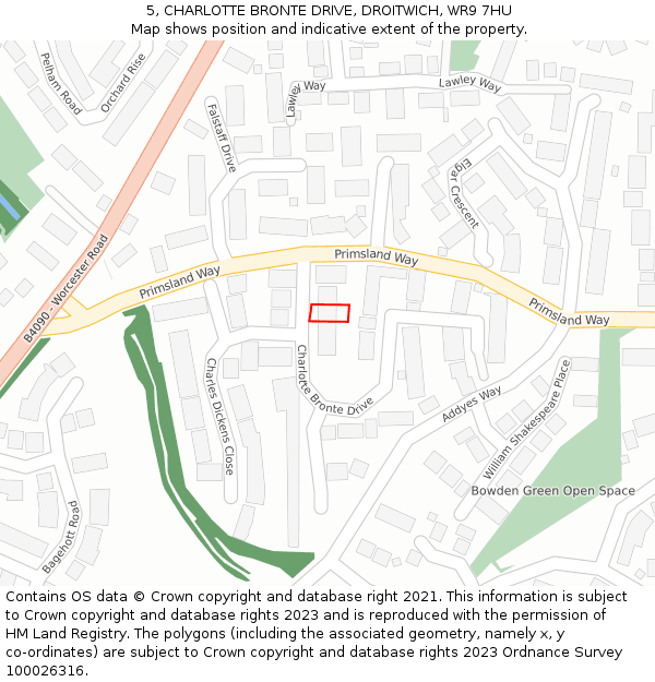 5, CHARLOTTE BRONTE DRIVE, DROITWICH, WR9 7HU: Location map and indicative extent of plot