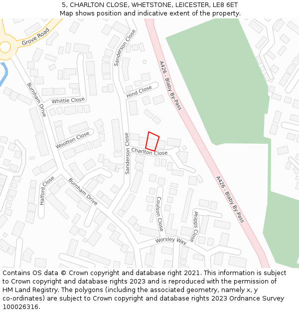 5, CHARLTON CLOSE, WHETSTONE, LEICESTER, LE8 6ET: Location map and indicative extent of plot