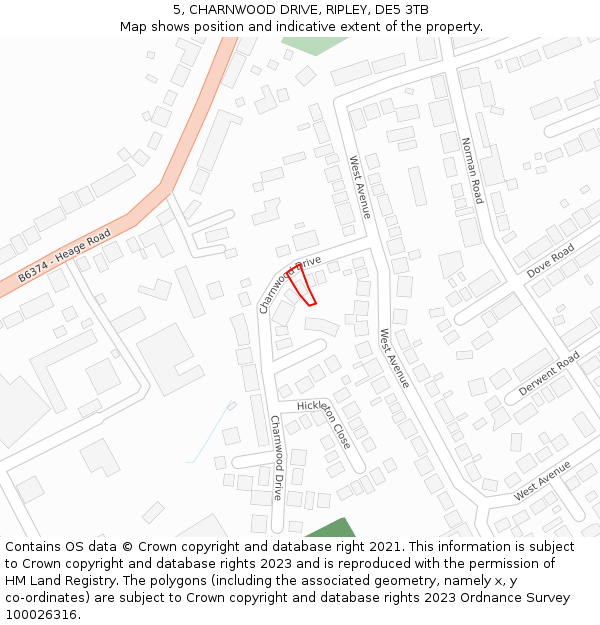 5, CHARNWOOD DRIVE, RIPLEY, DE5 3TB: Location map and indicative extent of plot