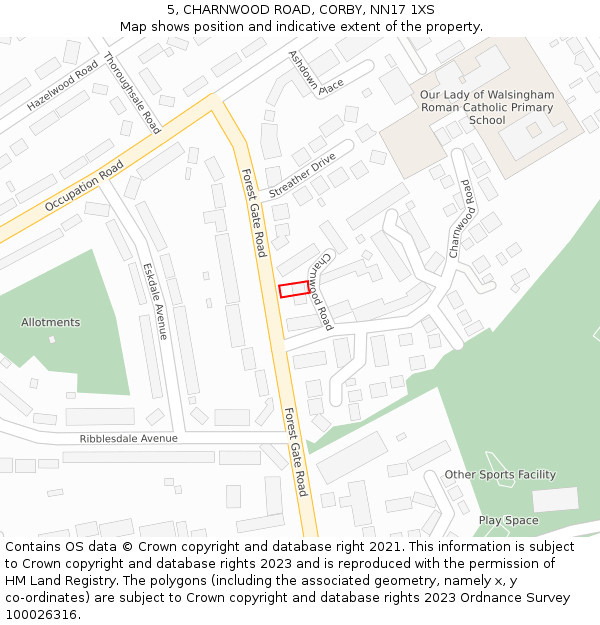 5, CHARNWOOD ROAD, CORBY, NN17 1XS: Location map and indicative extent of plot