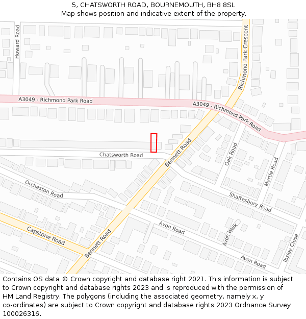 5, CHATSWORTH ROAD, BOURNEMOUTH, BH8 8SL: Location map and indicative extent of plot